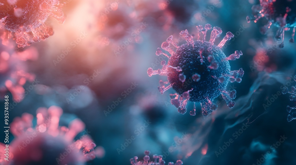 Poster magnified view of influenza virus particles under a microscope with soft blurred focus areas surroun