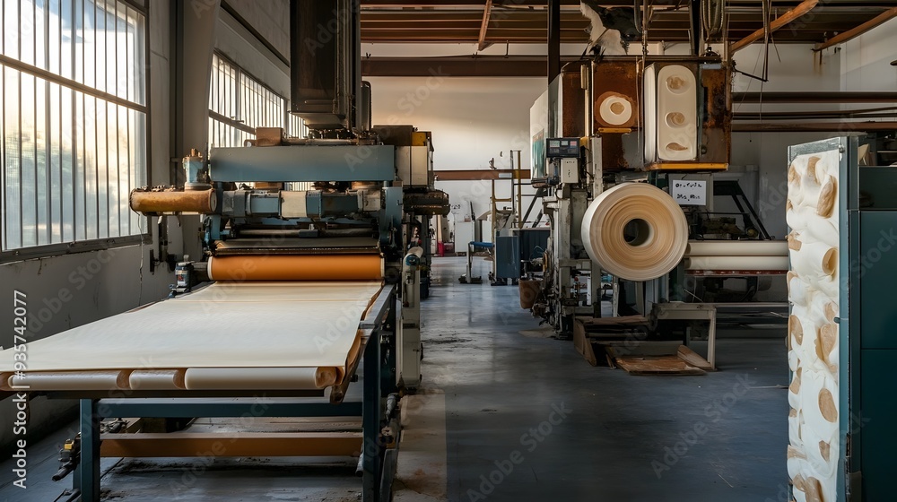Poster A photograph showcasing the industrial process of transforming raw latex material into rubber sheets within a factory setting  The image depicts the various machinery equipment