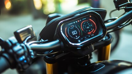 Close-up of an electric motorcycle dashboard, focusing on the battery indicator and speed, set in a modern urban environment.