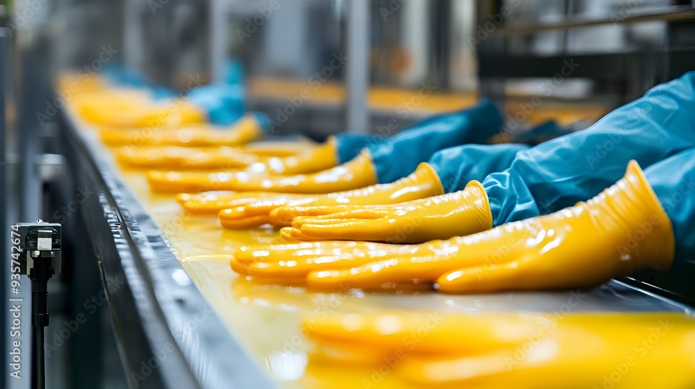 Poster rubber glove production line in a modern factory rows of gloves being formed cured and inspected for