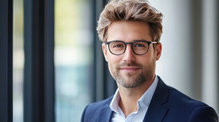 Fototapeta premium Portrait of a confident man wearing glasses and a blue suit, looking at the camera.