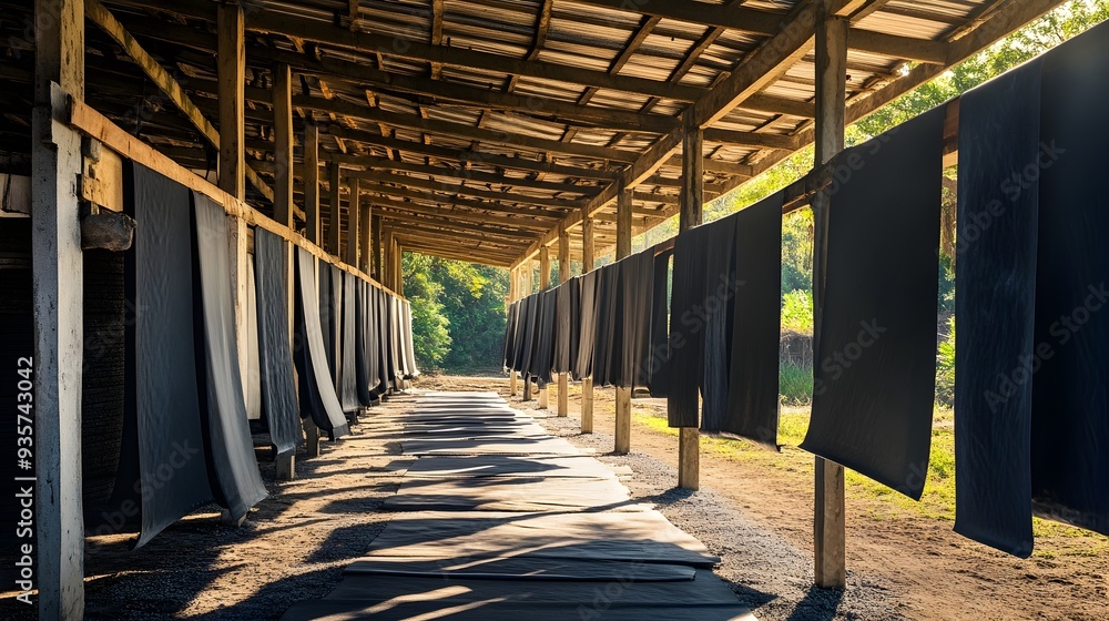 Poster rubber sheets hanging on wooden frames in a drying area with sunlight filtering through the scene th