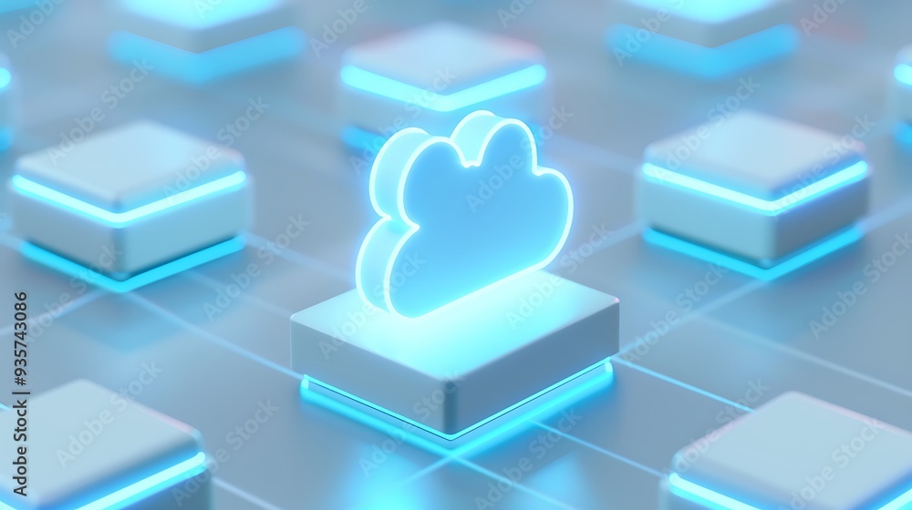 Aufkleber 3d cloud computing concept with glowing cloud icon on blue technology blocks, representing cloud sto