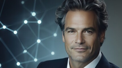 Portrait of a confident businessman with a network graphic in the background.