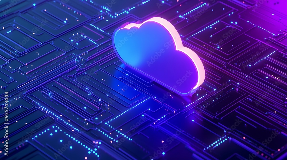 Poster 3d cloud symbol over a digital circuit board, illustrating cloud computing and digital data storage 