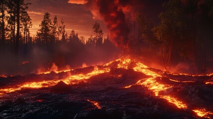 A powerful lava eruption creates an intimidating and surreal landscape as streams of molten lava spread across the forest floor, highlighting the raw force of nature.