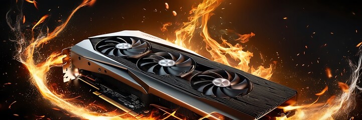 Close up of an gaming graphics card with fans, Overheating gpu hardware after overclocking. orange and blue lights that simulate a digital environment