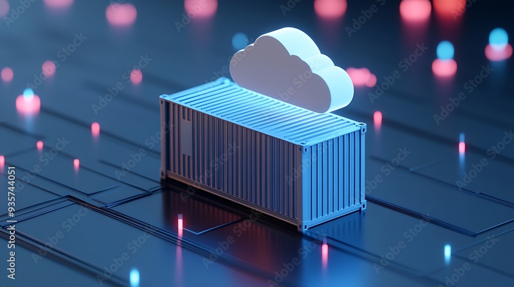 Poster 3d illustration of a cloud computing concept with a shipping container. perfect for technology, data