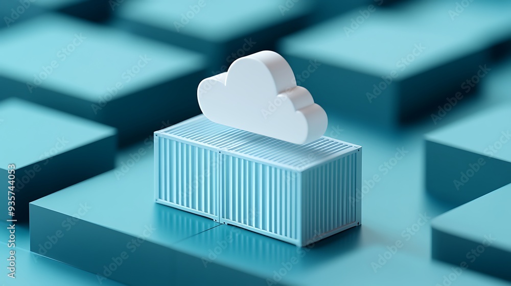 Poster 3d illustration of a cloud computing concept with a cloud icon placed on a shipping container over b