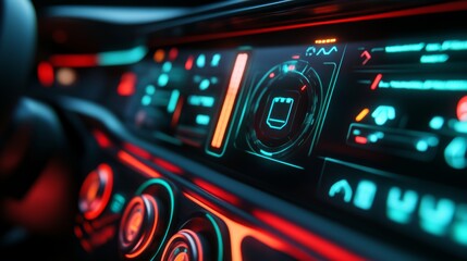 Close-up of an electric vehicle dashboard showing battery status while charging, featuring a futuristic design and illuminated modern interface at night.