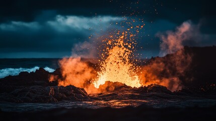 A powerful volcanic eruption under the dark evening sky, spewing glowing lava and ash, showcasing nature's strength and the captivating beauty of the event.