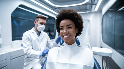 An African-American woman with a smile at a dentist appointment. Professional care and individual approach for everyone. Generative AI