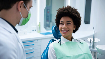 An African-American woman with a smile at a dentist appointment. Professional care and individual approach for everyone. Generative AI