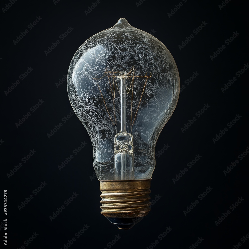 Poster a close-up shot of a frosted vintage light bulb with a visible filament, set against a black backgro