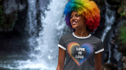 A girl with rainbow Afro curls stands at a waterfall, bright emotional smile, photo. In a T-shirt: love is love. Generative AI