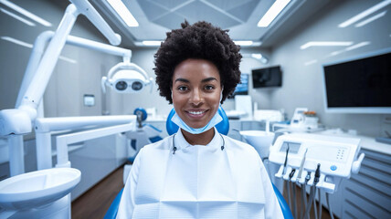 An African-American woman with a smile at a dentist appointment. Professional care and individual approach for everyone. Generative AI