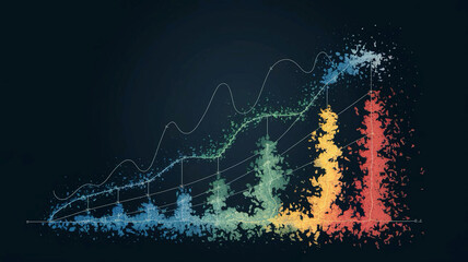 Growth hologram, digital growth from particles, blue yellow and red colors, graph up, business image. Generative AI