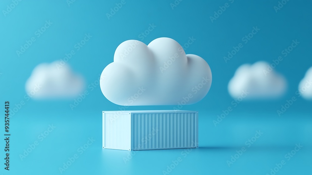 Poster 3d illustration of a cloud hovering over a container on a blue background, representing cloud comput
