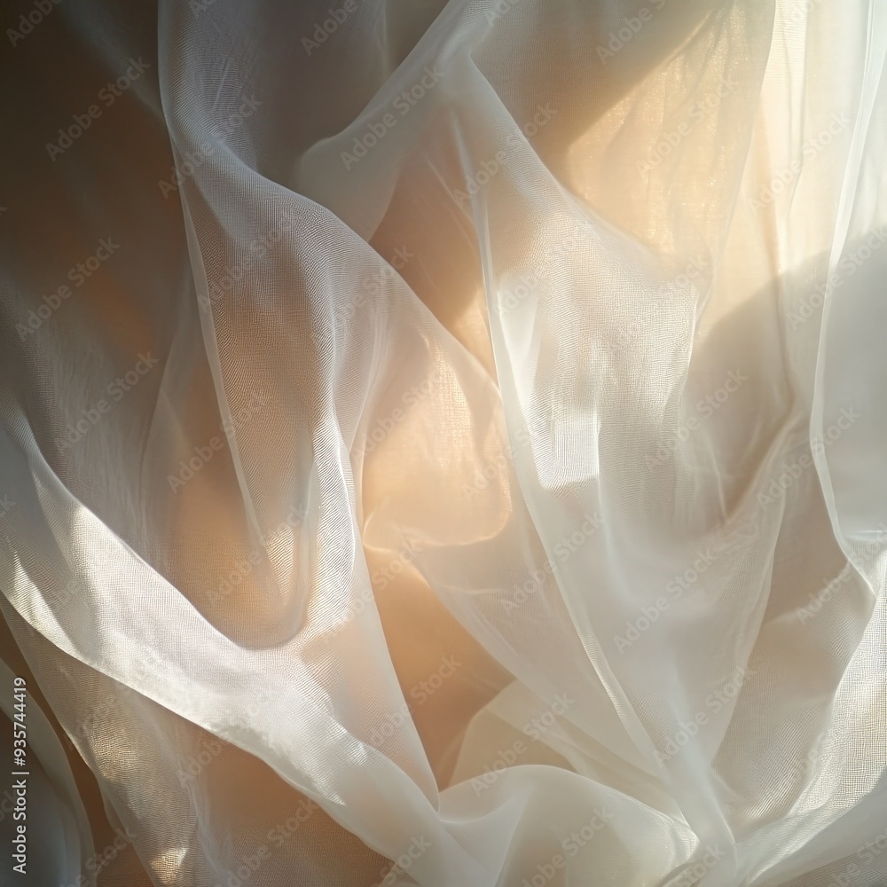 Poster An ethereal image featuring delicate white fabric with gentle sunlight filtering through, creating a soft, dreamy, and captivating visual effect that evokes tranquility.