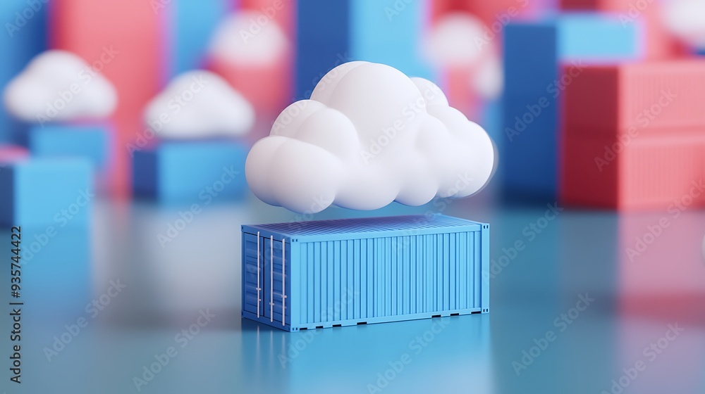 Poster 3D illustration of a cloud hovering over a shipping container, representing cloud computing and data storage concepts.