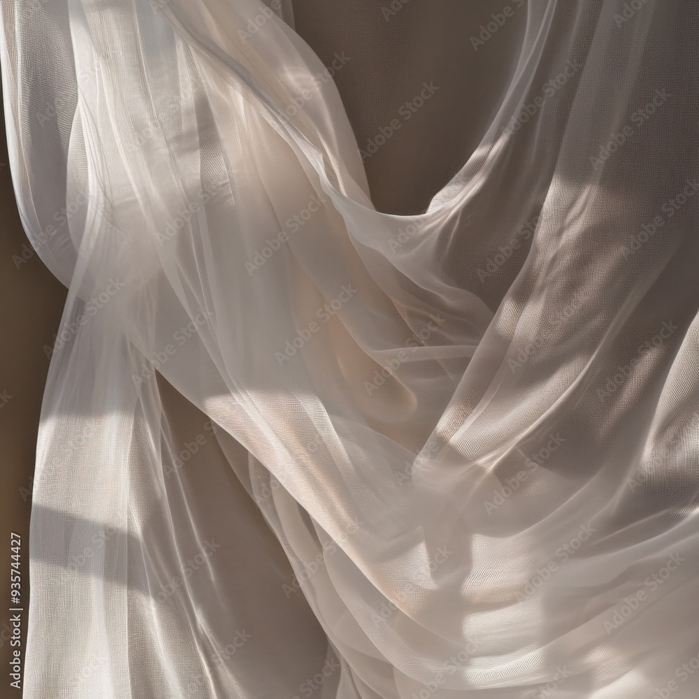 Poster a stylish image portraying soft folds of white sheer fabric bathed in light, showcasing elegance and