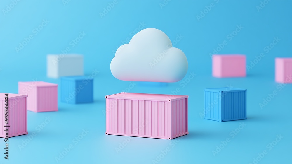 Aufkleber 3d illustration of a cloud hovering over colorful shipping containers on a blue background, represen
