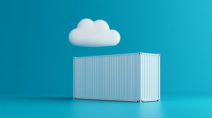 3D illustration of a cloud hovering over a shipping container on a blue background, representing cloud storage and digital logistics.