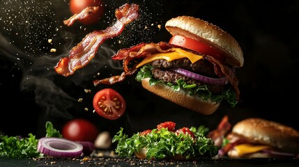 a deconstructed bacon burger explosion, with its components suspended in mid-air, featuring a hamburger bun, crispy bacon, and seasoned ground beef.