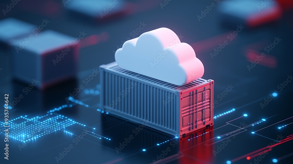 Poster 3d illustration of a cloud server graphic resting on a data container, symbolizing cloud storage and