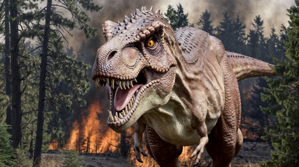 Fototapeta premium Tyrannosaurus rex with forest fires background, T-rex