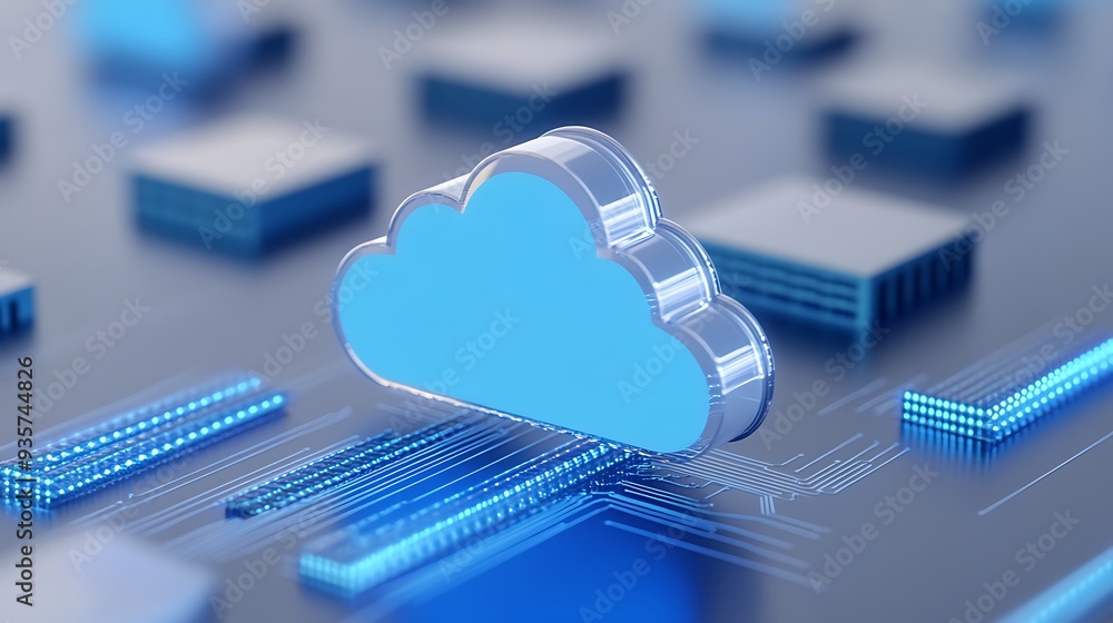 Poster 3d illustration of a digital cloud over a circuit board representing cloud computing and data storag