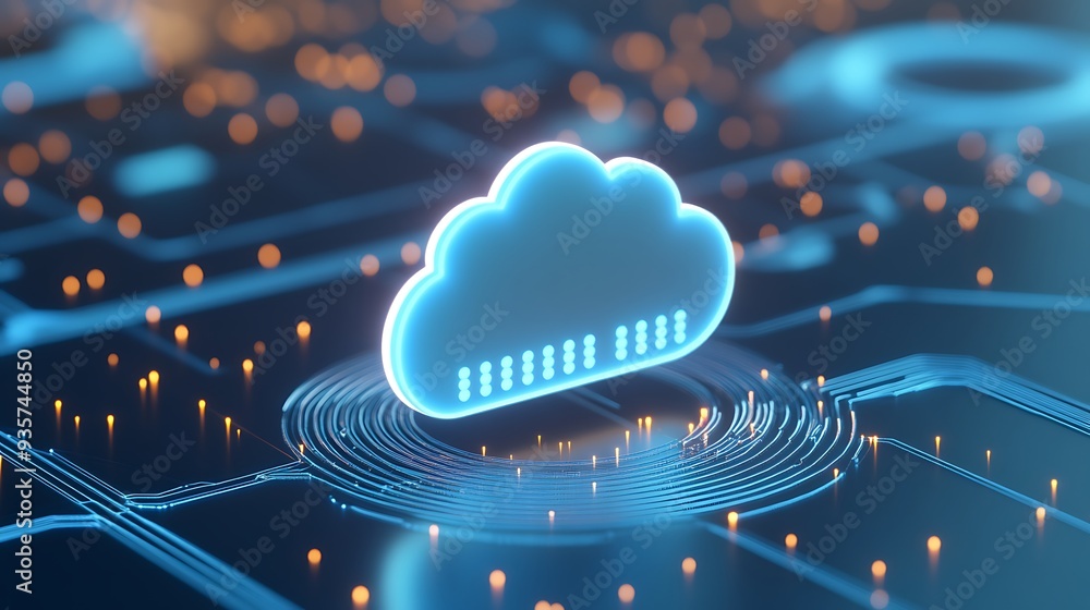 Poster 3d illustration of a digital cloud symbol on a circuit board, representing cloud computing and techn
