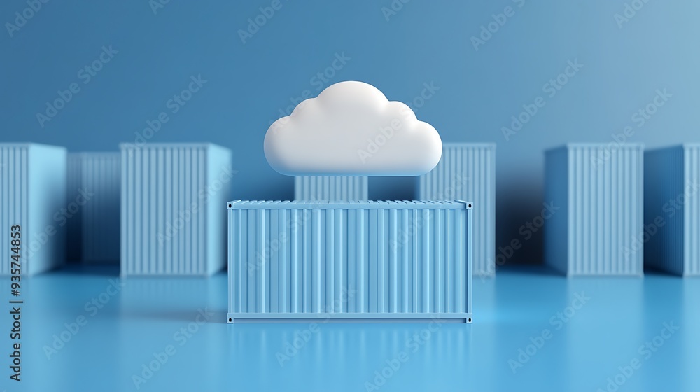Poster 3d illustration of a floating cloud above blue shipping containers, symbolizing cloud computing and 