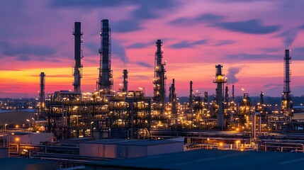 Fototapeta premium A city skyline with a large industrial plant in the background. The sky is dark and the city is lit up with lights