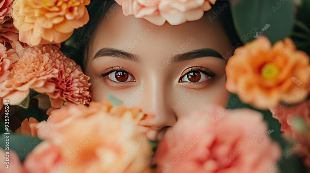 Sticker Close-up of a woman's eye with peach colored flowers surrounding it.