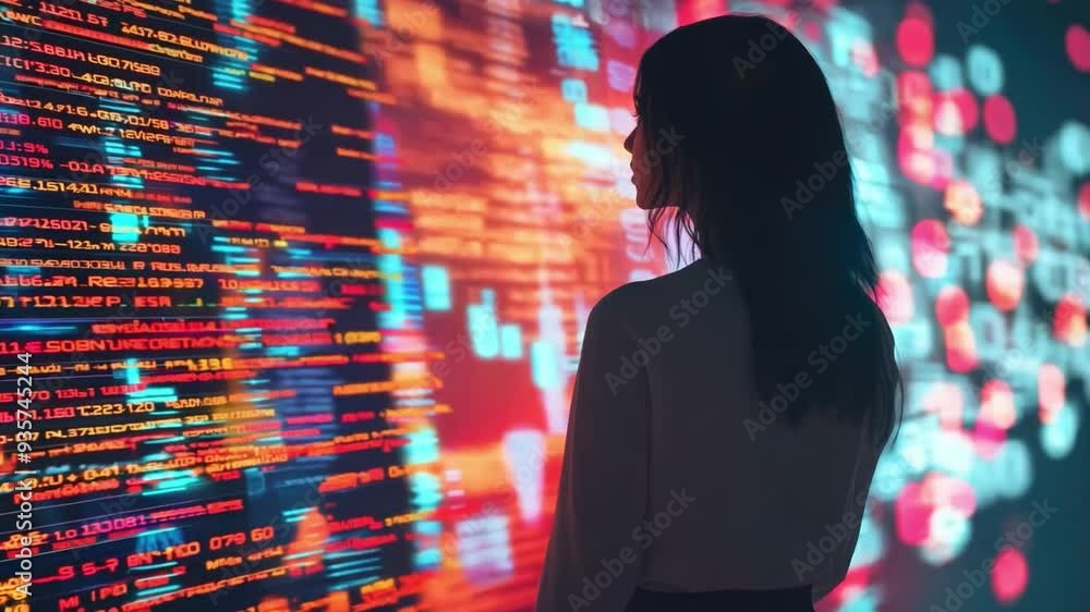 Poster a woman stands in front of a vibrant digital screen filled with data and programming code, contempla
