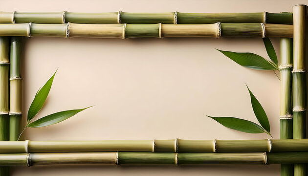 a horizontal bamboo frame with empty space in the center, set against a light beige background. The composition should evoke a sense of calm and simplicity, with a focus on the natural beauty of bambo