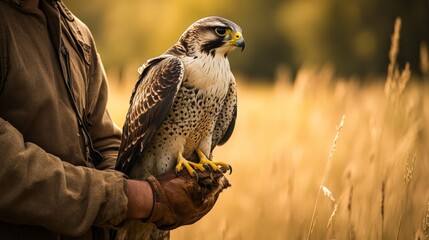 A falcon is perched on its handler's gloved hand, with a golden field in the background, showcasing the bond between human and bird in a serene, natural setting.