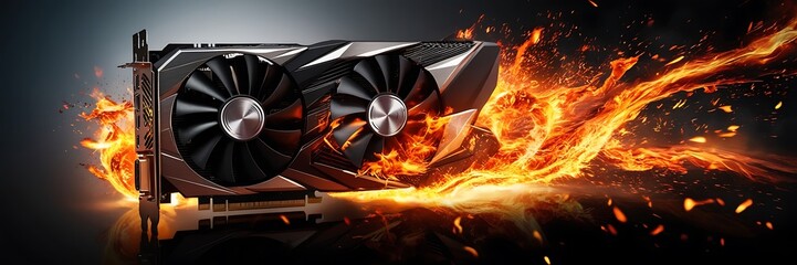 Close up of an gaming graphics card with fans, Overheating gpu hardware after overclocking. orange and blue lights that simulate a digital environment