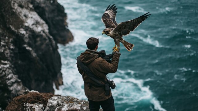 A man dressed in outdoor gear holds a falcon on his gloved hand, standing on the edge of a rocky cliff overlooking a choppy sea, creating a captivating nature scene. - Powered by Adobe
