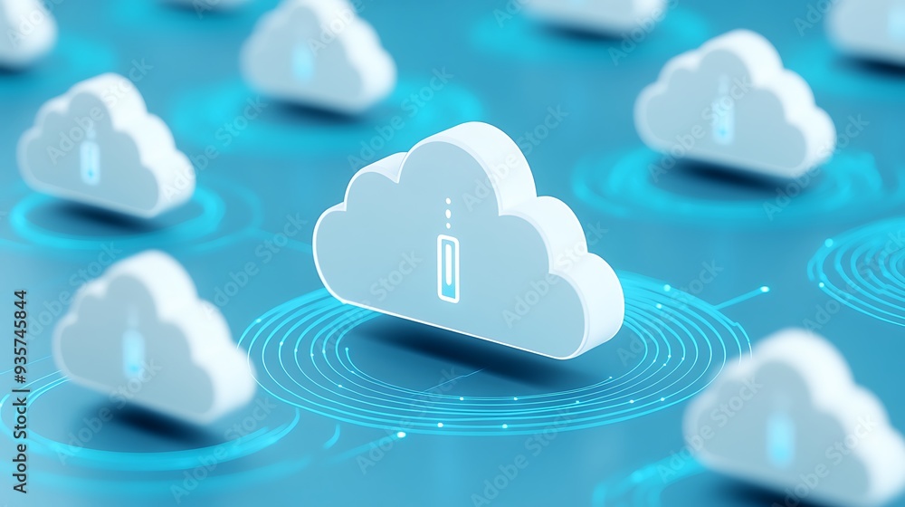 Poster 3d illustration of cloud computing concept. multiple clouds with technology icons on a blue backgrou