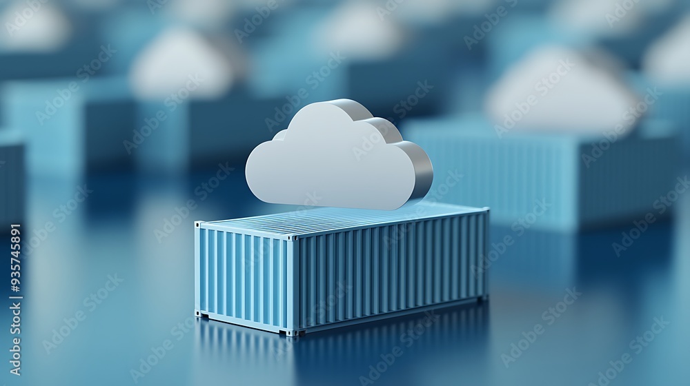 Poster 3d illustration of cloud computing concept with a cloud icon on a cargo container representing data 