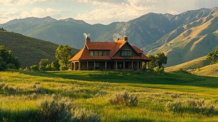 Fototapeta premium A charming house nestled in the midst of rolling green hills, with the mountains rising majestically behind it.