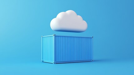 3D illustration of cloud above blue container on blue background. Concept of cloud computing, data storage or logistics.