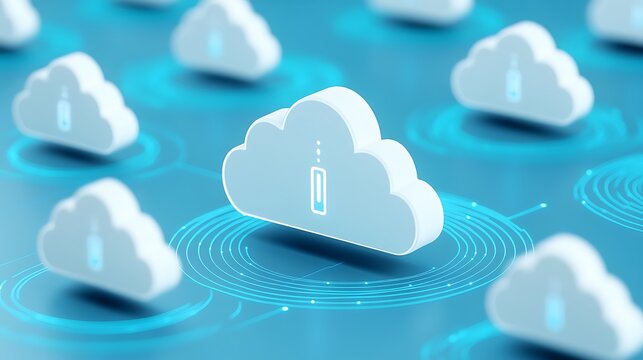 3D illustration of cloud computing concept. Multiple clouds with technology icons on a blue background representing data storage and networks.