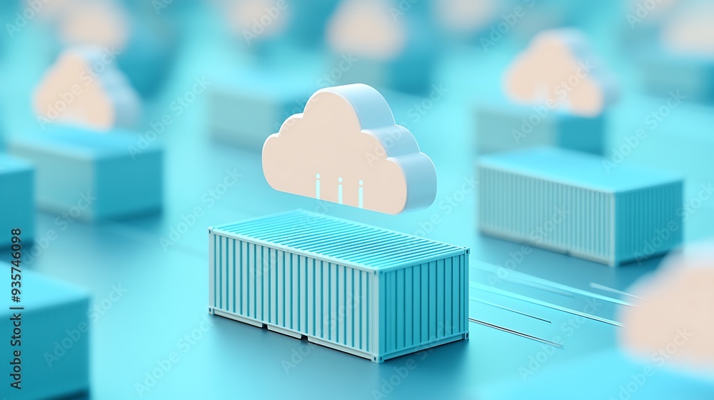 Poster 3d illustration of cloud computing data storage concept with cargo containers depicting modern cloud