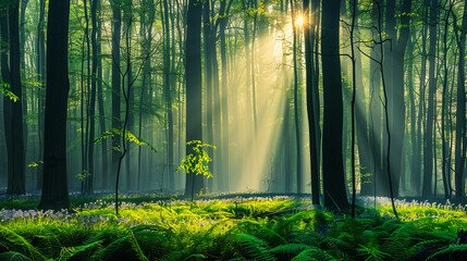 Fototapeta premium Dense green forest background with towering trees and soft light