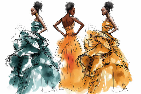 Elegant fashion sketch of stylish young African American women in evening gowns