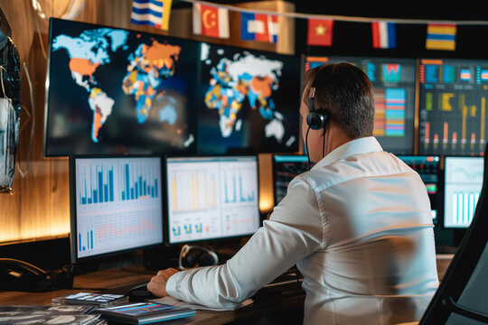 A global market analyst in an office with a world map and multiple screens displaying various international market indices. The analyst is on a video call, discussing global market trends