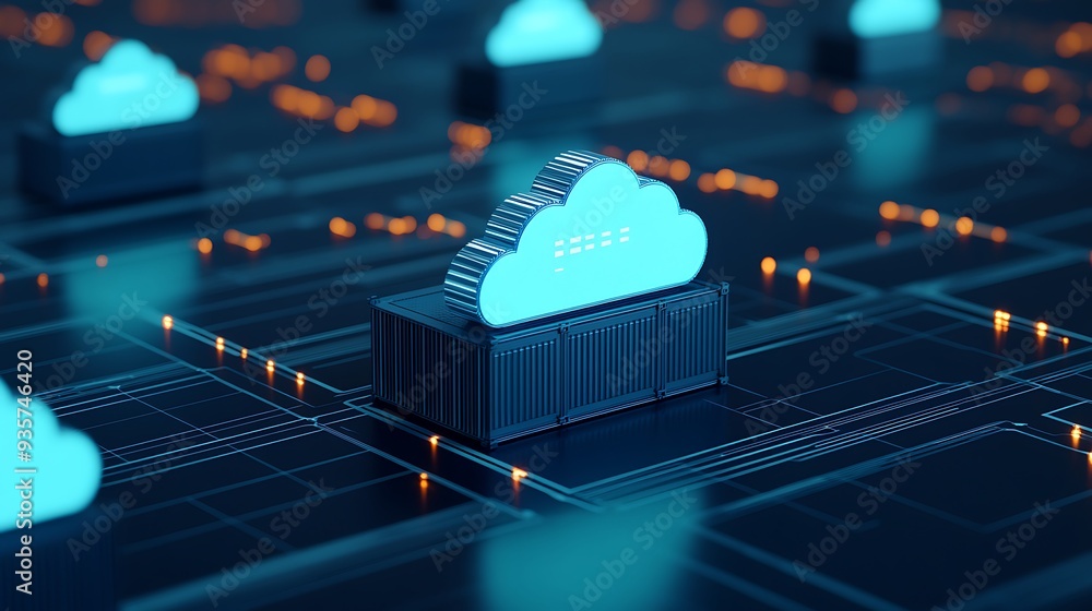 Poster 3d illustration of cloud computing technology. digital data network servers and cloud storage concep